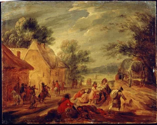 Ruiters die een gehucht aanvallen