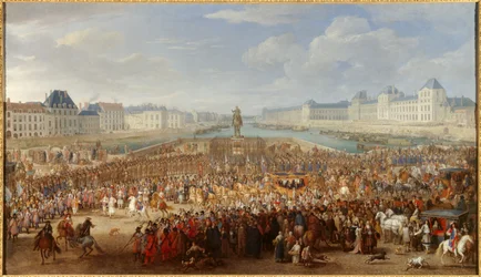 Koning Lodewijk XIV (1638-1715) steekt de Pont Neuf over in zijn rijtuig