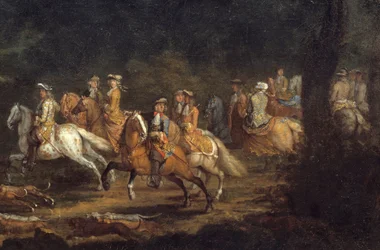 Koning Lodewijk XIV op de jacht (detail). Schilderij door Adam François Van Der Meulen (1632-1690)