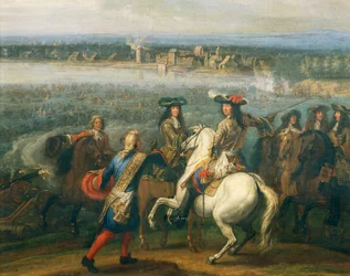 Lodewijk XIV te paard, detail van de oversteek van de Rijn in 1672, Adam Frans van der Meulen (1632-1690), 77x109 cm, Frankrijk