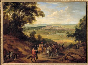 Uitzicht op het kasteel van Versailles, genomen vanaf de hoogten van Satory Lodewijk XIV geeft zijn orders aan de officier van de jacht, met uitzicht op het kasteel van Versailles, op de hoogten van Satory