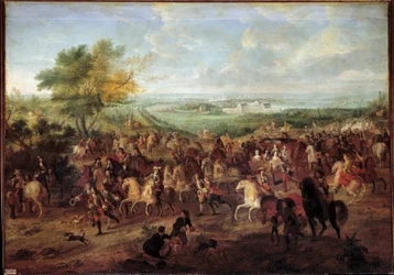 Rit met koets van koning Lodewijk XIV, koningin Marie Thérèse van Oostenrijk, dauphin Louis en dauphine voor het kasteel van Clagny in Versailles