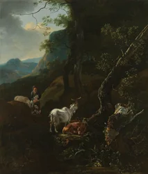 Een herderin met dieren in een berglandschap