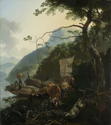 Schippers aangemeerd aan de oever van een Italiaans meer, 1650-70