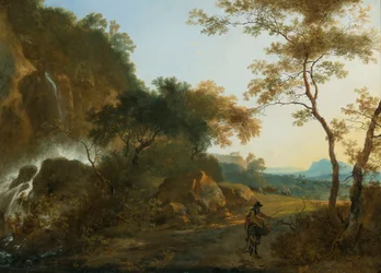 Italianiserend landschap met een reiziger op een pad bij een waterval