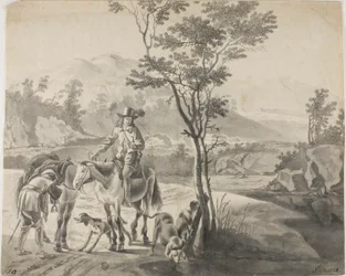 Ruiters en honden in rotsachtig landschap