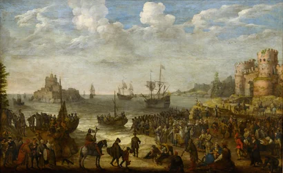 Christus predikend vanaf een schip op het Meer van Galilea