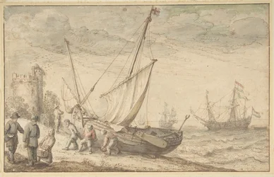 Vissers trekken hun boot op de kust, n.d.