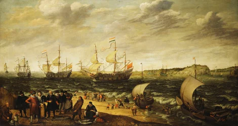 Oorlogsschepen die uit een Estuarium varen met figuren op de voorgrond