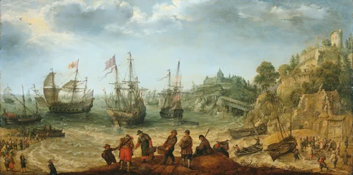 Schepen voor een rotsachtige kust