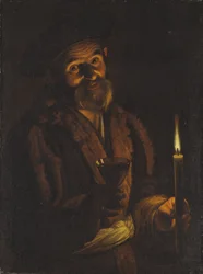 Oude Man met een Kaars en een Glas