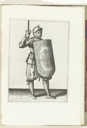 De exercitie met de targe en rapier: de soldaat houdt de getrokken rapier niet hoger dan zijn gezicht (nr. 5), 1618