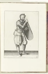 De exercitie met de targe en rapier: de soldaat houdt de targe vast met de rechterhand en grijpt met de linkerhand de riem (nr. 3), 1618