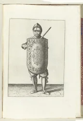 De exercitie met de targe en rapier: de soldaat houdt de targe voor de borst en de getrokken rapier tegen de linkerschouder (nr. 6), 1618