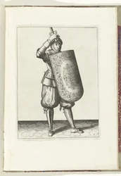 De exercitie met de targe en rapier: hoe de soldaat het vizier van zijn helm moet sluiten met de targe en de getrokken rapier in de hand (nr. 7), 1618