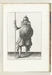 De exercitie met schild en spies: de soldaat brengt in drie tijden de spies weer terug in de rustpositie, derde beweging (nr. 12), 1618