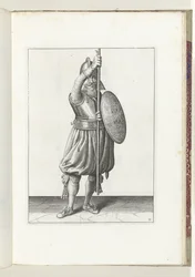 De exercitie met schild en spies: de soldaat brengt in drie tijden de spies weer terug in de rustpositie, tweede beweging (nr. 11), 1618