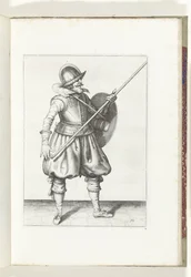 De exercitie met schild en spies: de soldaat brengt in drie tijden de spies weer terug in de rustpositie, eerste beweging (nr. 10), 1618