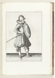 De exercitie met schild en spies: de soldaat brengt in twee tijden de spies in positie om te slepen, tweede beweging (nr. 14), 1618