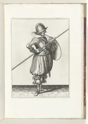 De exercitie met schild en spies: de soldaat brengt in twee tijden de spies in positie om te slepen, eerste beweging (nr. 13), 1618