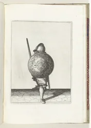 De exercitie met schild en spies: de soldaat in een verdedigende houding met een voet naar voren en met zijn rapier en schild op de knie voor het lichaam, gezien van voren (nr. 22), 1618