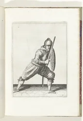 De exercitie met schild en spies: de soldaat in een verdedigende houding met een voet naar voren en met zijn rapier en schild op de knie voor het lichaam (nr. 21), 1618
