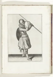De exercitie met schild en spies: de soldaat met de spies schuin in beide handen en het schild op de rug (nr. 2), 1618