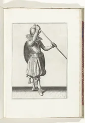 De exercitie met schild en spies: de soldaat met de spies schuin in beide handen met de rechterhand bij het hoofd en het schild op de rug (nr. 3), 1618