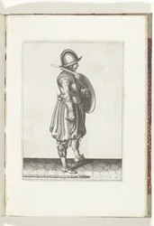 De exercitie met schild en spies: de soldaat met het schild gereed en de spies naast zijn rechtervoet op de grond (nr. 17), 1618