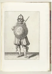 De exercitie met schild en spies: de soldaat staande in rust zijn rapier rustend op de linkerschouder achter het schild (nr. 23), 1618