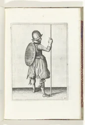De exercitie met schild en spies: de soldaat staande met de spies rustend op de grond naast de rechtervoet (nr. 30), 1618