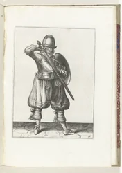 De exercitie met schild en spies: de soldaat steekt zijn rapier terug in de schede (nr. 24), 1618