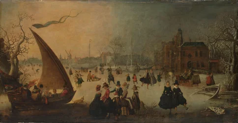 Landschap met bevroren Kanaal, Schaatsers en een IJsboot