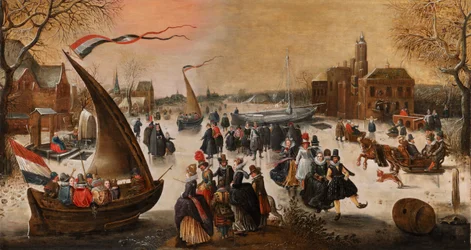 Winterlandschap met elegante schaatsers op een bevroren meer, ijsbrekers en een stad in de verte