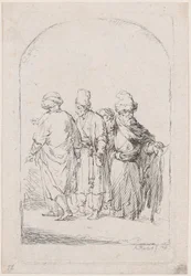 Groep van vier staande mannen in oosterse kleding