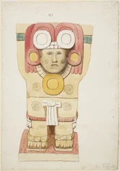 Kariatide uit de buitenkamer, Tempel A, balspelbaan, Chichen Itza, Mexico
