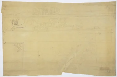 Kopie van een tekening van een muurschildering boven de deur, Bovenste Tempel van de Jaguars, Chichen Itza, Mexico Potlood 