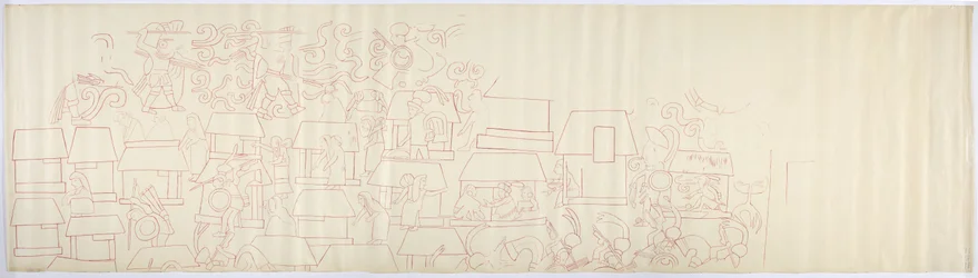 Kopie van een tekening van een muurschildering van het zuidelijke paneel van de westelijke muur, binnenste tempel, Bovenste Tempel van de Jaguars, Chichen Itza, Mexico