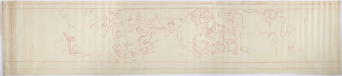 Omlijning van een muurschildering van de westelijke muur, Bovenste Tempel van de Jaguars, Chichen Itza, Mexico