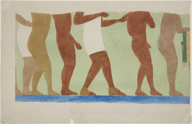 Schildering van een deel van een muurschildering (mensenoffer) Bovenste Tempel Balspelbaan 