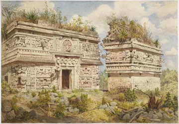 Ruïnes in Chichen Itza, Yucatan, Mexico, toont oostgevel van Gebouw A en Iglesia
