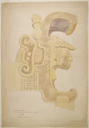 Ruïnes/stenen reliëfs bij de tempel in Uxmal, Mexico Gesneden hoofd, rijkelijk versierd (aquarel)
