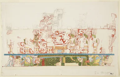 Stenen reliëf uit het midden van de noordmuur, Noordgebouw C, Ball Court, Chichen Itza, Mexico (aquarel)