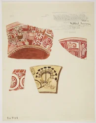 Drie fragmenten van rood aardewerk met ontwerpen waaronder een rennende draakachtige figuur in wit, en één fragment van buff aardewerk met ontwerp in bruin