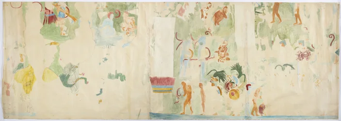 Overtrek van een muurschildering van het noordpaneel, westmuur, Bovenste Tempel van de Jaguars, Chichen Itza, Mexico