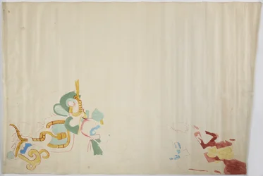 Tekening van een muurschildering van de oostelijke muur, Bovenste Tempel van de Jaguars, Chichen Itza, Mexico