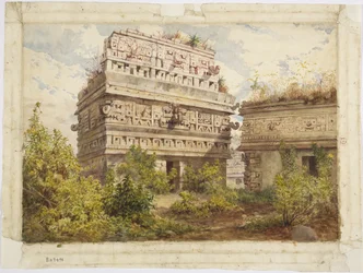 Ruïnes van Chichén Itzá, Yucatán, Mexico. Toont de westgevel van de Iglesia, aquarel
