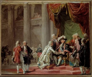 Ontvangst van een Ridder van de Orde van Sint Lazarus van Jeruzalem en van Onze Lieve Vrouw van de Berg Karmel door de Laatste Grootmeester de Graaf van Provence (toekomstige Koning Lodewijk XVIII) (1755-1824) onder Lodewijk XVI. Schilderij door Adélaïde L