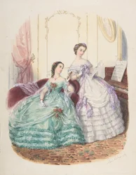 Mode Studie: Twee Vrouwen in Avondjurk, ca. 1860