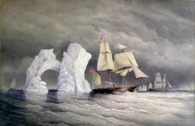 Britse schepen Phoenix, Talbot en Diligence die een ijsberg passeren (Arctisch Canada). Aquarel (58x88 cm), door Edward Augustus Inglefield (1820-1894)